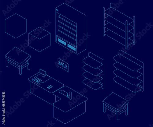 Isometric furniture set for a store or supermarket, featuring tables and racks as props on a blue background with clean contour lines. Isometric view