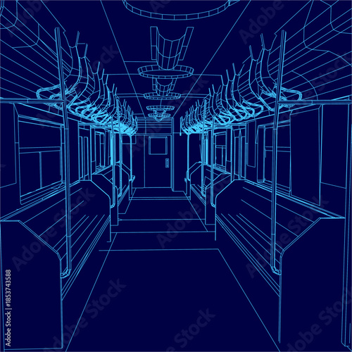 Blueprint of a subway train car interior on a blue background, featuring detailed contour lines of seats, poles, and a door.
