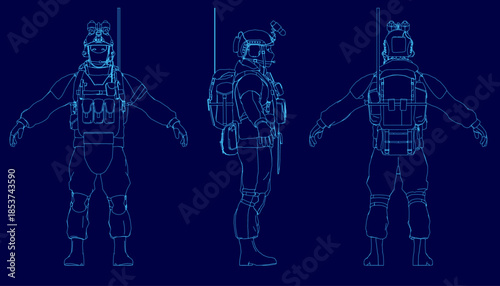 A soldier in full military uniform and armor stands in a detailed blueprint pose. The design highlights his helmet with visor, chest plate, belt, and backpack against a dark blue background.
