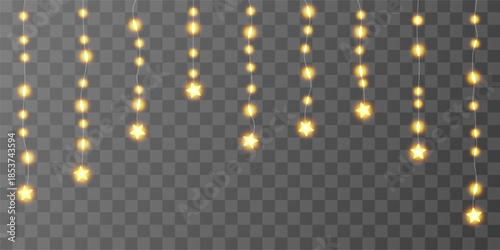 Light bulbs curtain, star festoon header. Fairy garland hanging strings. Ramadan Kareem lantern, chirstmas sky vector bg. 3d wire wedding ornament, warm bokeh frame. Lightbulb bright luxury glow