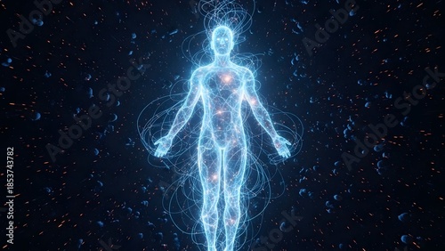 Ethereal glowing human figure in deep space. Soul and consciousness concept. Luminous celestial entity floating amidst stars and cosmic debris in the universe