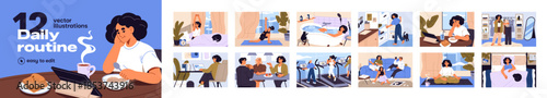 Women's daily routine set. Efficiency, everyday life and businesses of girl: work, yoga, cooking and eating, meetings, fitness, bathing, rest and sleep. Female day schedule. Flat vector illustrations