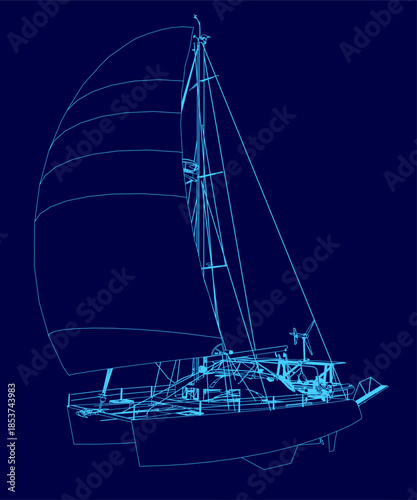 Detailed blueprint of a sailboat with billowing sails, drawn in clean white contour lines against a stark blue background. The technical illustration emphasizes nautical design and engineering.