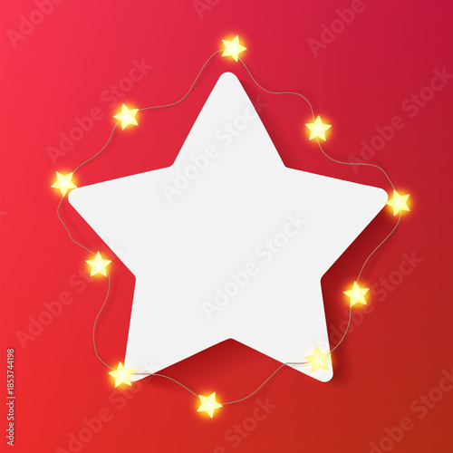 Star picture frame on red bg, decorated with light glowing garland. White empty vector Christmas card mock up, festive greeting border, winter party invitation. Bright decorative gallery advertise