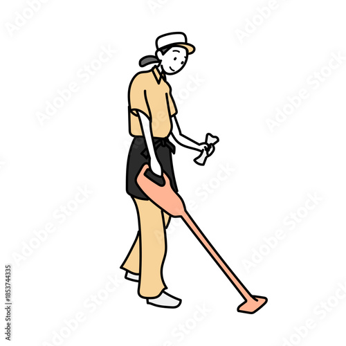 清掃員が掃除機を使って床を掃除する様子を描いたイラスト｜施設管理や日常清掃の仕事を親しみやすく表現したシンプルなキャラクター