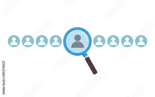 We're hiring. hiring concept. magnifying glass selecting a candidate from a group of people icons. employee selection, HR recruitment. Flat illustrator vector file. high quality picture