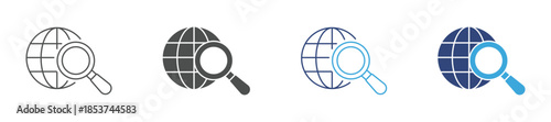 Globe icon with a magnifying glass , Global Search and Data Analysis Icon Set, Internet Research, Worldwide Information Access, Digital Discovery and Analytics Concept, Vector Illustration