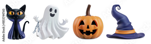 Happy halloween 3d vector set. Black vampire cat in dracula costume, white chained ghost, witch wizard hat, carved pumkin lantern. Helloween banner design icons, party invite character. Spooky promo