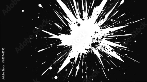 Dynamic white ink splash or explosion on a solid black background, creating a striking contrast and abstract design.
