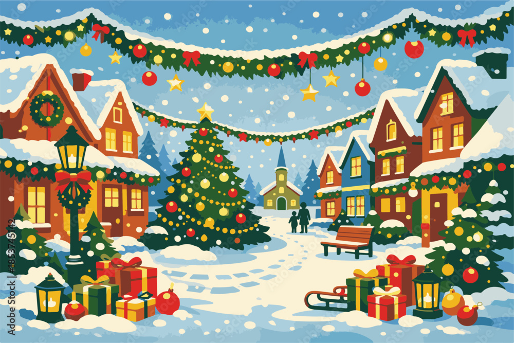 Fototapeta premium Festive Christmas Village Scene with Decorated Tree and Gifts in Snow
