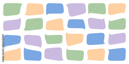 Speech text chat balloon. Talk cloud dialog box. Comic speak bubble, horizontal thought message shape. Think icon, quote word frame. Chat paper sticker tag, doodle conversation question sign.