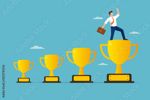 small achievements as motivation to achieve bigger goals, strategies to inspire greater success, smart businessman jumping from small win trophy to get bigger one concept vector illustration