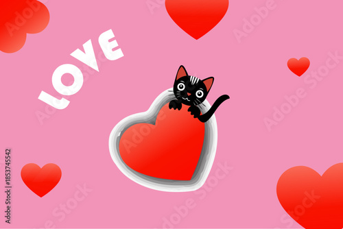 Vector illustration of a romantic design featuring red and pink hearts with cute cats and birds as symbols of love for a valentine's celebration gift