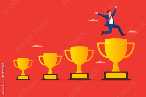 small achievements as motivation to achieve bigger goals, strategies to inspire greater success, smart businessman jumping from small win trophy to get bigger one concept vector illustration
