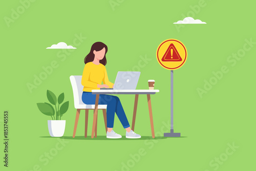 danger warning message, emergency attention, important message on loud speaker, danger alert message as a warning sign, business woman shouting on megaphone with exclamation point

