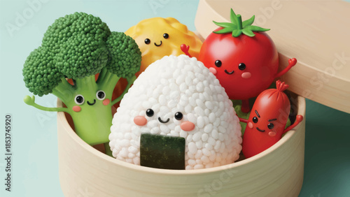 Cute anthropomorphic rice balls and vegetables in a bowl with smiling faces.