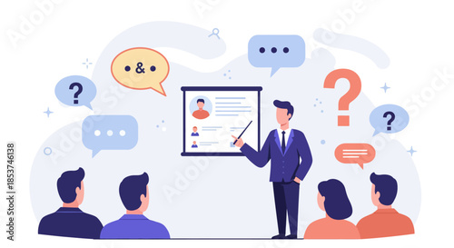 Businessman presenting to audience with speech bubbles.