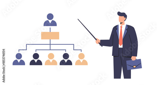 Businessman presenting organizational chart with pointer.