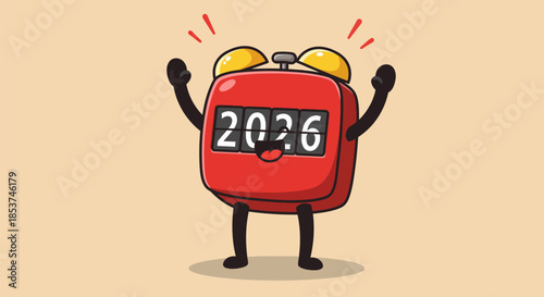 Cartoon Alarm Clock Character Celebrating 2026.