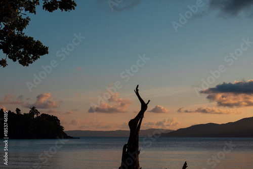 Dramatic Golden Sunset Over Ocean and Mountain Silhouettes
