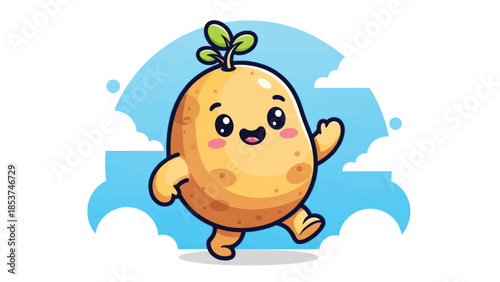 Cute cartoon pear character walking with a sprout on a blue abstract background.