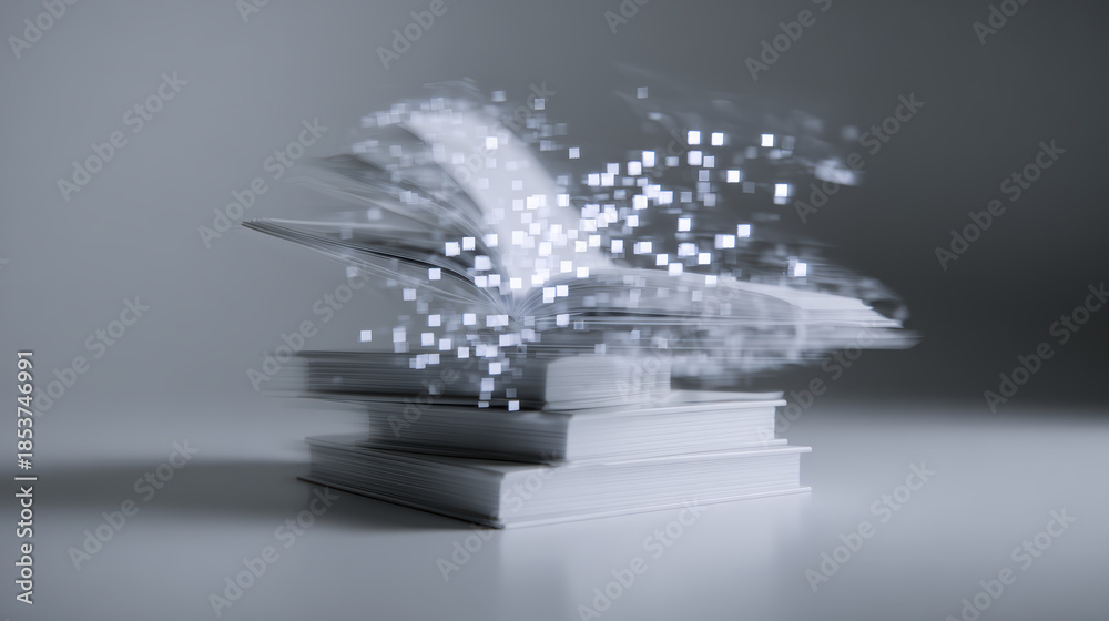 Fototapeta premium Abstract book stack digital pixel data transformation concept, flying square particle, education technology, grayscale minimal scene