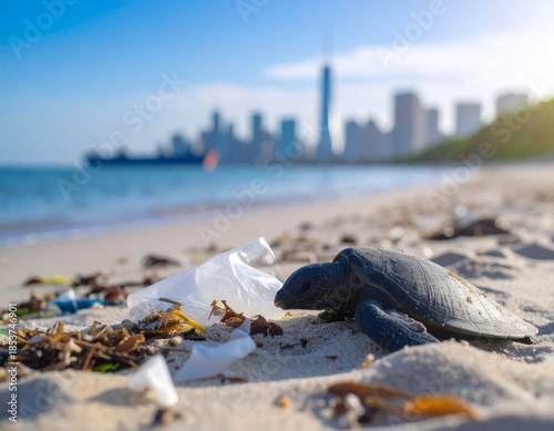 Sea turtle struggling on a polluted beach with plastic waste and ocean debris, environmental crisis concept  
Meeresschildkröte am verschmutzten Strand mit Plastikmüll
