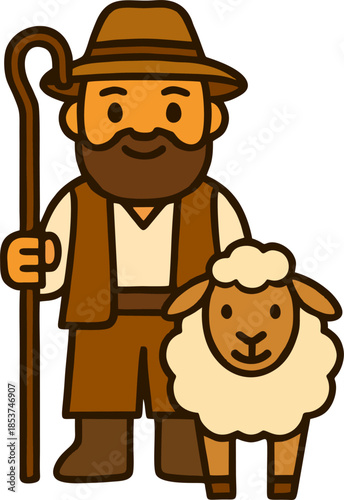 Shepherd with Sheep Cartoon Illustration – Cute Farmer Character in Brown Outfit Holding Staff, Simple Flat Pastel Style