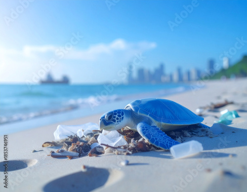 Sea turtle struggling on a polluted beach with plastic waste and ocean debris, environmental crisis concept  
Meeresschildkröte am verschmutzten Strand mit Plastikmüll