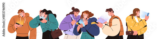 Crowd looks at mobile phone screens outdoors. Scared people are reading bad news, scrolling social networks on smartphones. Men and women hold telephones. Flat isolated vector illustration on white