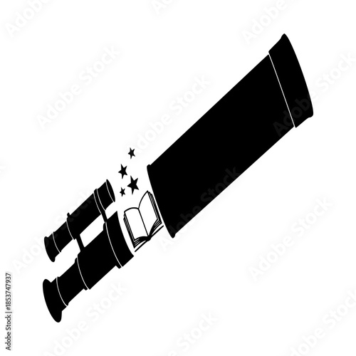 Illustration of a telescope with stars and an open book emerging from its lens, symbolizing discovery and exploration