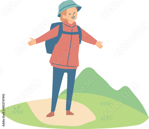 山で深呼吸する女性のイラスト