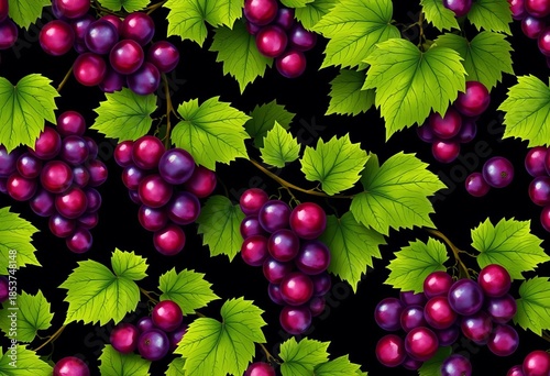 Seamless pattern of juicy grapes & lush green leaves on a dark background, vine, stock photo