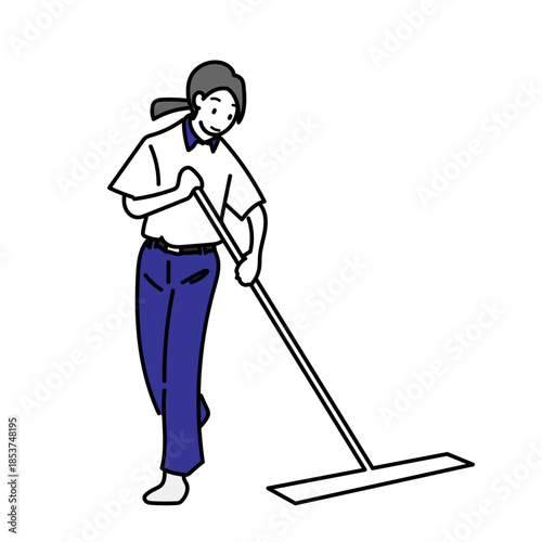 清掃員がモップを使って床を丁寧に掃除する様子を描いたイラスト｜施設やオフィスの日常清掃を表現した親しみやすいシンプルな人物