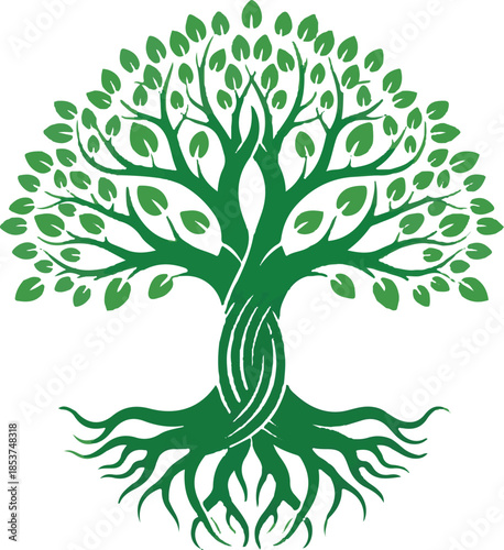 Tree of Life Logo Vector with Roots and Intertwined Branches in Green