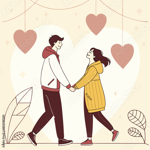 Romantic couple holding hands under heart shaped 