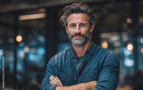 Startup founder with beard standing confidently with arms crossed in a professional setting