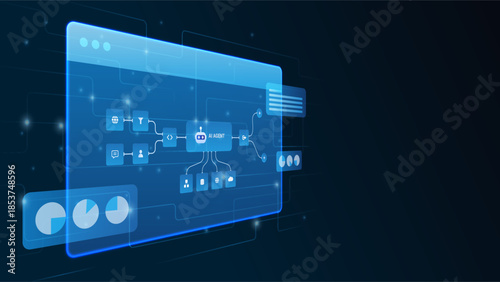 AI workflow automation artificial intelligence. ai agent network diagram dashboard machine learning flow process and automation system.