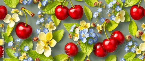 Summery seamless pattern featuring ripe cherries, vibrant lemon balm leaves, and delicate cornflowers,  healthy,  fruit pattern