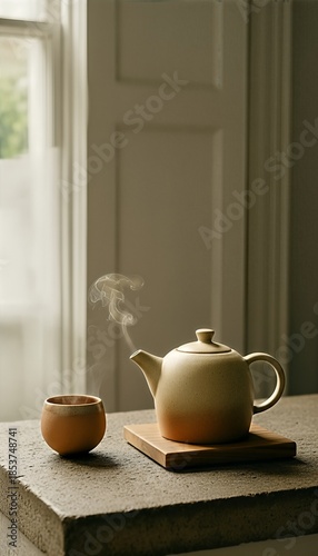 Wallpaper Mural Ceramic teapot and cup with rising steam sit on a wooden coaster and stone surface by a window, creating a serene morning tea scene. Torontodigital.ca
