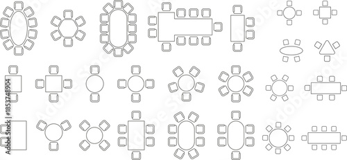 Table and Chair Top View Plan, Office and Restaurant Seating Layout Vector Collection