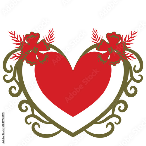 PNG image of Ornate antique heart design framed by decorative flourishes and red floral elements on transparent background