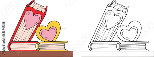 Romantic Books with Heart Designs Valentines Day Reading Illustration