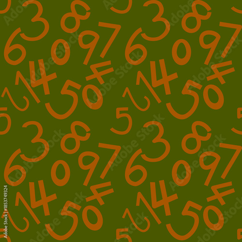 pattern of various numbers in orange against a green background.