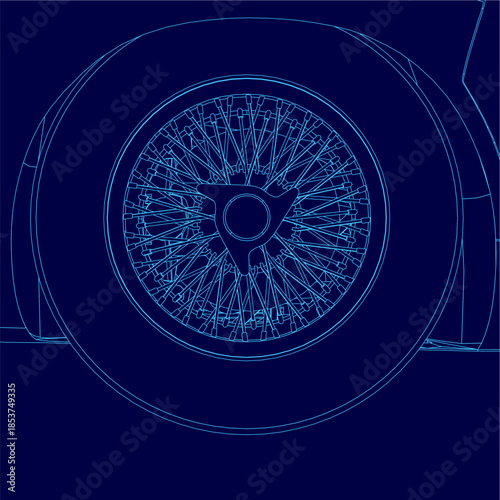 The image shows a blueprint of a car wheel on a blue background. The wheel is outlined in white, with the spokes radiating out from the center.