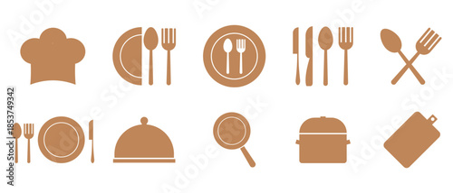 set of kitchen cooking icon, restaurant and home kitchen icon, Kitchen Utensils Icon Vector, knife, spoon, plate, pot, pan icon set, set of silhouettes of kitchen tools.