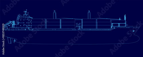 Blueprint outline of a large container ship on a solid blue background. The white contour provides a clean, technical illustration for maritime concepts.