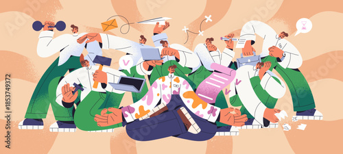 Busy man does multiple businesses. Employee works, does many tasks. Workaholic, effective office worker meditates, controls his time management. Concept of multitasking. Flat vector illustration