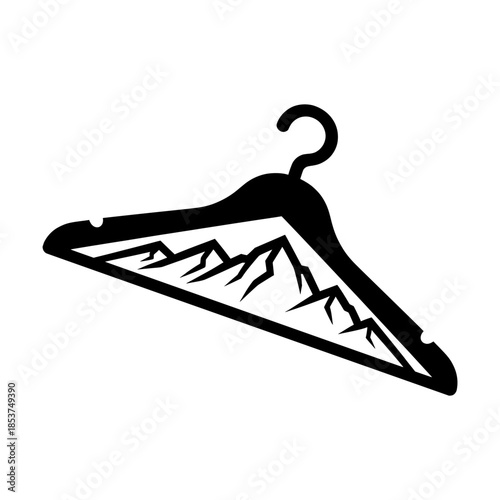 A black hanger with a mountain landscape design on it against a white background