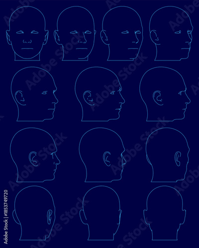 A realistic set of male character heads with varied expressions and shapes arranged on a blue grid. The monochromatic composition uses light to dark shades for visual depth.